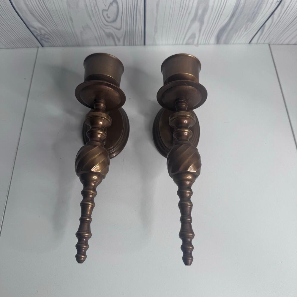 Vtg Solid Brass Candle Sconces Pair Single Taper Beautiful Mid Century 10 in